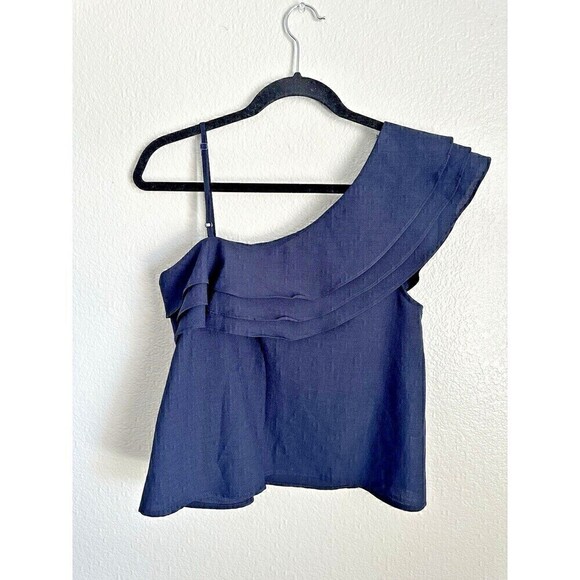 JOA Los Angeles Blouse Womens Size Medium Ruffle Trim Shoulder Cami Top Navy - Picture 2 of 4